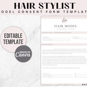 May include: A pink and white printable hair model consent form template with the text "HAIR STYLIST MODEL CONSENT FORM TEMPLATE" at the top and "HAIR MODEL CONSENT FORM" in the middle. The form includes sections for contact information, consent, and signatures.