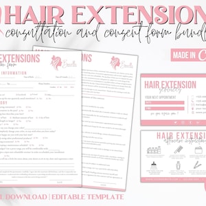 Hair Extension Consultation Forms,Hair extensions after care card, hair extension agreement, Editable Hair Stylist Template, CANVA template