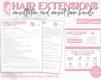 Formularios de consulta de extensión de cabello, tarjeta de cuidados posteriores a extensiones de cabello, acuerdo de extensión de cabello, plantilla de estilista editable, plantilla CANVA