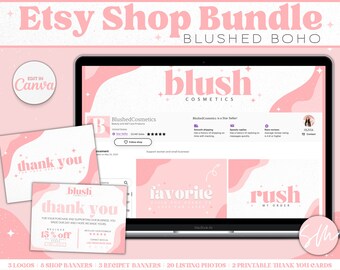 May include: A pink and white Etsy shop bundle for a cosmetics brand called Blush Cosmetics. The bundle includes 3 logos, 8 shop banners, 3 receipt banners, 20 listing photos, and 2 printable thank you cards. The bundle is designed in a blushed boho style.