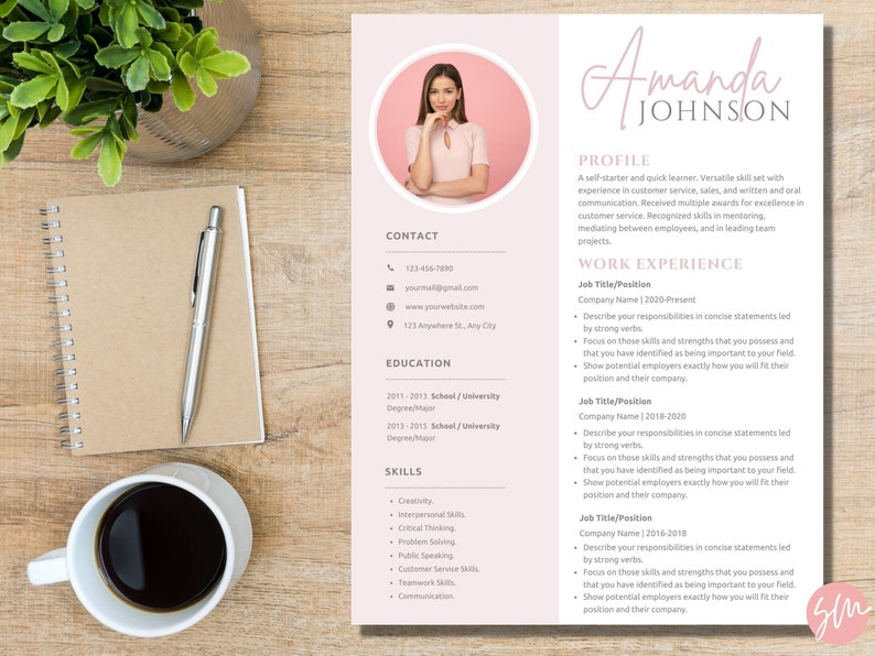 May include: A pink and white CV template with a headshot of a woman in the top left corner. The CV includes contact information, education, skills, and work experience. The text "Amanda Johnson" is written in a pink cursive font at the top of the page.