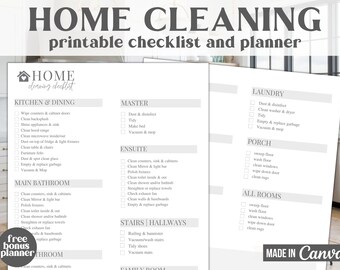 Könnte beinhalten: Ein druckbarer Haushaltsputz-Checkliste und -Planer in einem grau-weißen Farbschema. Die Checkliste umfasst Kategorien für Küche und Esszimmer, Schlafzimmer, Badezimmer, Hauptbadezimmer, Treppen und Flure, Wäsche, Veranda und alle Räume. Die Checkliste soll Ihnen helfen, Ihr Zuhause sauber und ordentlich zu halten.