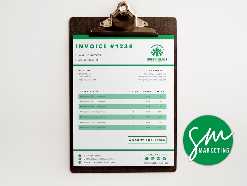May include: A green and white invoice with the text "INVOICE #1234" and "GREEN GRASS LANDSCAPING" at the top. The invoice lists the date issued, due date, bill to, description, hours, price, and total. The amount due is $3500. A green circle with the text "Sm MARKETING" is in the bottom right corner.