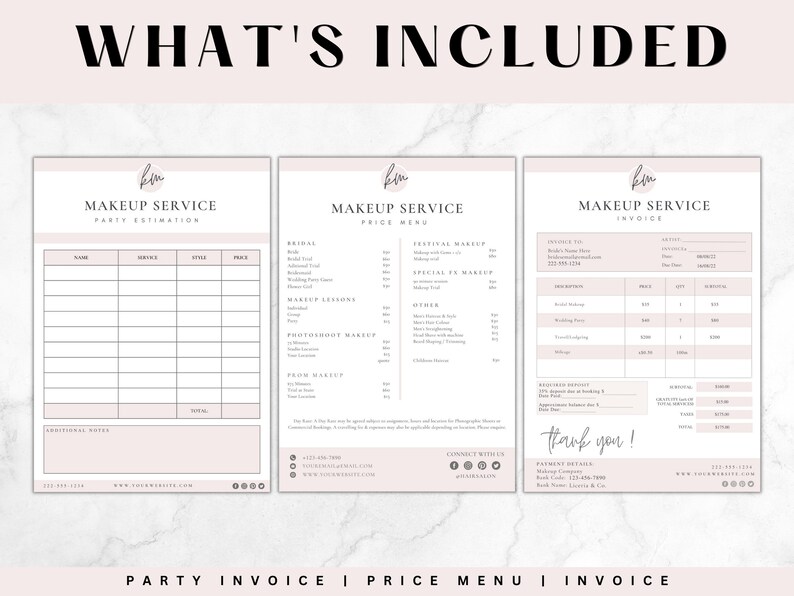 May include: Three printable templates for a makeup service business. The first template is a party estimation form with columns for name, service, quantity, and price. The second template is a price menu with sections for bridal, festival makeup, special occasion makeup, and other services. The third template is an invoice with sections for billing information, itemized services, and payment details. All three templates have a pink and white color scheme with a simple, modern design.