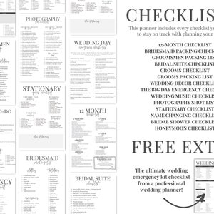 Puede incluir: Un conjunto de listas de verificaci&oacute;n de boda imprimibles en blanco y negro con un dise&ntilde;o minimalista. Las listas de verificaci&oacute;n incluyen una lista de verificaci&oacute;n de 12 meses, una lista de verificaci&oacute;n de empaque de damas de honor, una lista de verificaci&oacute;n de empaque de padrinos de boda, una lista de verificaci&oacute;n de la suite nupcial, una lista de verificaci&oacute;n del novio, una lista de verificaci&oacute;n de empaque del novio, una lista de verificaci&oacute;n de decoraci&oacute;n de la boda, la lista de verificaci&oacute;n de emergencia del gran d&iacute;a, una lista de verificaci&oacute;n de m&uacute;sica de boda, una lista de verificaci&oacute;n de tomas de fotos, una lista de verificaci&oacute;n de papeler&iacute;a, una lista de verificaci&oacute;n de cambio de nombre, una lista de verificaci&oacute;n de la despedida de soltera y una lista de verificaci&oacute;n de la luna de miel. El texto "FREE EXTRA" est&aacute; en la parte superior de la p&aacute;gina. El texto "The ultimate wedding emergency kit checklist from a professional wedding planner!" est&aacute; en la parte inferior de la p&aacute;gina.
