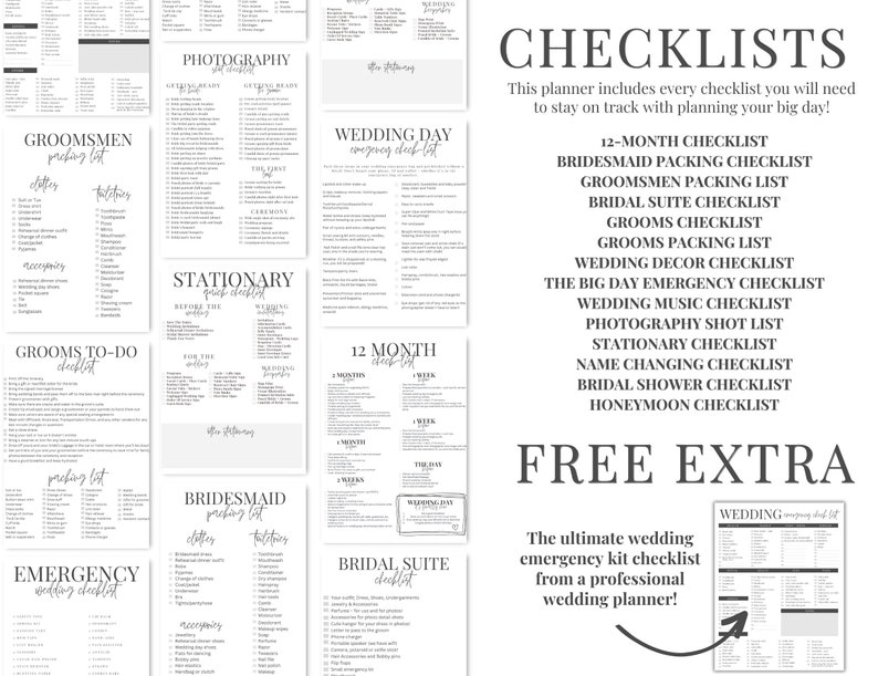 Puede incluir: Un conjunto de listas de verificaci&oacute;n de boda imprimibles en blanco y negro con un dise&ntilde;o minimalista. Las listas de verificaci&oacute;n incluyen una lista de verificaci&oacute;n de 12 meses, una lista de verificaci&oacute;n de empaque de damas de honor, una lista de verificaci&oacute;n de empaque de padrinos de boda, una lista de verificaci&oacute;n de la suite nupcial, una lista de verificaci&oacute;n del novio, una lista de verificaci&oacute;n de empaque del novio, una lista de verificaci&oacute;n de decoraci&oacute;n de la boda, la lista de verificaci&oacute;n de emergencia del gran d&iacute;a, una lista de verificaci&oacute;n de m&uacute;sica de boda, una lista de verificaci&oacute;n de tomas de fotos, una lista de verificaci&oacute;n de papeler&iacute;a, una lista de verificaci&oacute;n de cambio de nombre, una lista de verificaci&oacute;n de la despedida de soltera y una lista de verificaci&oacute;n de la luna de miel. El texto "FREE EXTRA" est&aacute; en la parte superior de la p&aacute;gina. El texto "The ultimate wedding emergency kit checklist from a professional wedding planner!" est&aacute; en la parte inferior de la p&aacute;gina.