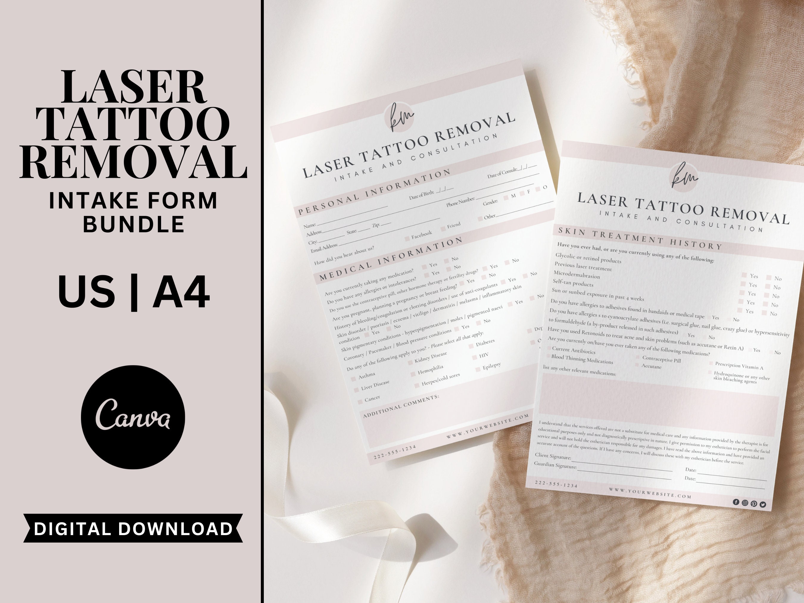 Laser Tattoo Intake template, Tattoo removal, esthetician forms, client intake form,canva templates, consultation forms,tattoo removal forms