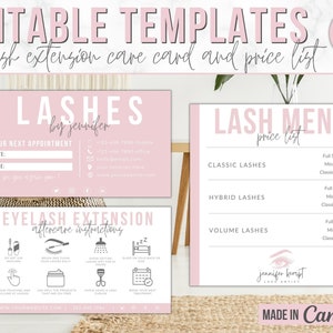 Puede incluir: Plantillas editables para tarjetas de cuidado de extensiones de pesta&ntilde;as y listas de precios. Las tarjetas rosas presentan el texto "LASHES by jennifer" y "EYELASH EXTENSION aftercare instructions" con iconos. La lista de precios presenta el texto "LASH MENU price list" con los precios de las pesta&ntilde;as cl&aacute;sicas, h&iacute;bridas y de volumen.