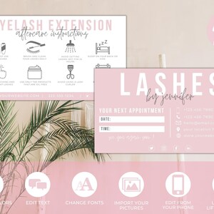 Puede incluir: Tarjeta de visita rosa y blanca con el texto "LASHES by jennifer" y una secci&oacute;n para reservar citas. La tarjeta tambi&eacute;n incluye informaci&oacute;n de contacto, una direcci&oacute;n de sitio web e iconos de redes sociales.