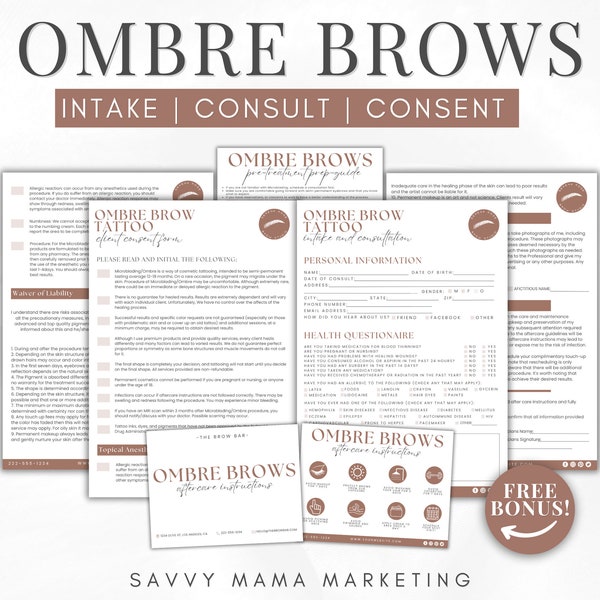 Ombre Brow Intake Form Bundle | PMU Forms | PMU Client Record | PMU Aftercare Card | Microshading Form | Powder Brows Consent