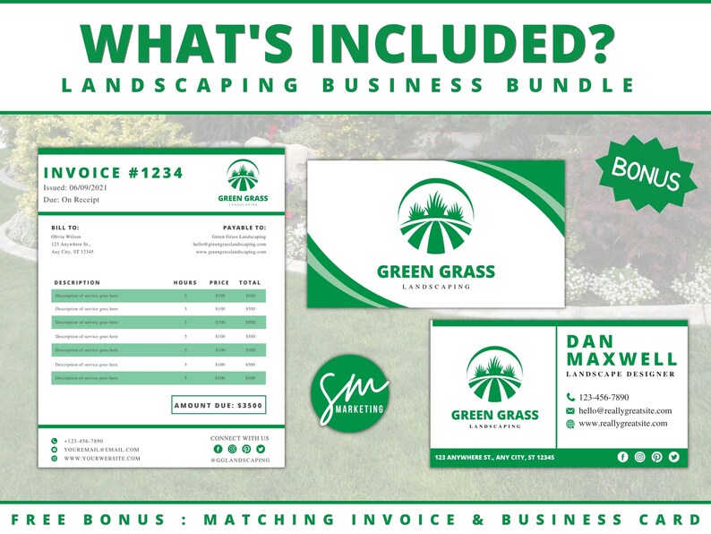 May include: Green Grass Landscaping business bundle includes an invoice template and a business card. The invoice is a green and white document with a logo of a green field and the text "Green Grass Landscaping". The business card is green and white with the same logo and the text "Dan Maxwell Landscape Designer".