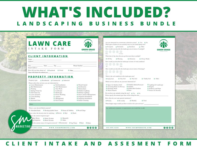May include: A green and white lawn care intake form with the title "Lawn Care Intake Form" and the text "Client Information" and "Property Information". The form includes sections for client contact information, property type, and services requested.