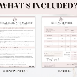 May include: A pink and white printable checklist for bridal hair and makeup services. The checklist includes a list of items to bring to the appointment, as well as a list of services offered. The checklist also includes a client print out section.