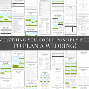 Puede incluir: Un collage de listas de verificaci&oacute;n y hojas de trabajo de planificaci&oacute;n de bodas imprimibles con un esquema de color verde y blanco. El texto "EVERYTHING YOU COULD POSSIBLY NEED TO PLAN A WEDDING!" est&aacute; en el centro de la imagen.