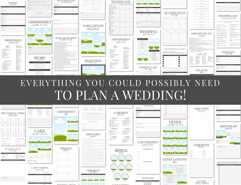 Puede incluir: Un collage de listas de verificaci&oacute;n y hojas de trabajo de planificaci&oacute;n de bodas imprimibles con un esquema de color verde y blanco. El texto "EVERYTHING YOU COULD POSSIBLY NEED TO PLAN A WEDDING!" est&aacute; en el centro de la imagen.