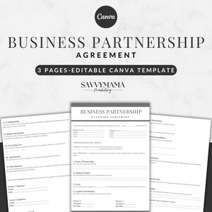 May include: A black and white business partnership agreement template with the title "Business Partnership Agreement" and the text "Savvymama Marketing" in a gray box. The template is for a standard agreement and includes sections for confidentiality, dispute resolution, governing law, amendments, miscellaneous, and witness signatures.