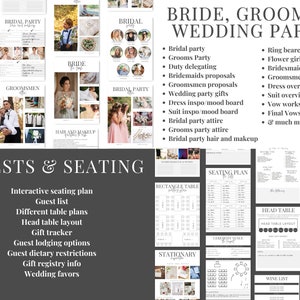 Puede incluir: Una lista de verificaci&oacute;n de planificaci&oacute;n de bodas imprimible con secciones para la novia, el novio y la fiesta de bodas. La lista de verificaci&oacute;n incluye elementos como listas de invitados, planos de asientos y listas de empaque. La lista de verificaci&oacute;n est&aacute; dise&ntilde;ada para ayudar a las parejas a planificar su d&iacute;a de boda.