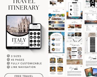 Op de afbeelding: Een digitale reisplanner voor een reis naar Italië. De planner bevat een inhoudsopgave, hotelaanbevelingen, een dagelijkse route en een reisoverzicht. De planner is volledig aanpasbaar en bevat linknavigatie. De planner is verkrijgbaar in drie formaten en bevat 45 pagina's. Een gratis reisplanner is inbegrepen.