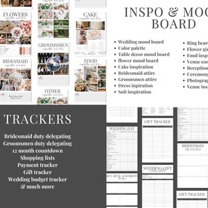 Puede incluir: Una lista de verificaci&oacute;n imprimible para la planificaci&oacute;n de bodas con secciones para inspiraci&oacute;n, seguimiento y seguimiento de regalos. La secci&oacute;n de inspiraci&oacute;n incluye tableros de estado de &aacute;nimo para la boda, el pastel, las flores y otros detalles. La secci&oacute;n de seguimiento incluye listas de verificaci&oacute;n para las tareas de las damas de honor, las tareas de los padrinos de boda, una cuenta regresiva de 12 meses, listas de compras, seguimiento de pagos, seguimiento de regalos y un seguimiento del presupuesto de la boda. La secci&oacute;n de seguimiento de regalos incluye un seguimiento de regalos para el d&iacute;a de la boda, un seguimiento de regalos de boda y un seguimiento de regalos para la cena de ensayo.