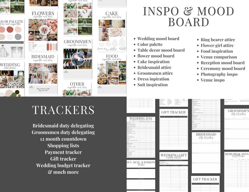 Puede incluir: Una lista de verificaci&oacute;n imprimible para la planificaci&oacute;n de bodas con secciones para inspiraci&oacute;n, seguimiento y seguimiento de regalos. La secci&oacute;n de inspiraci&oacute;n incluye tableros de estado de &aacute;nimo para la boda, el pastel, las flores y otros detalles. La secci&oacute;n de seguimiento incluye listas de verificaci&oacute;n para las tareas de las damas de honor, las tareas de los padrinos de boda, una cuenta regresiva de 12 meses, listas de compras, seguimiento de pagos, seguimiento de regalos y un seguimiento del presupuesto de la boda. La secci&oacute;n de seguimiento de regalos incluye un seguimiento de regalos para el d&iacute;a de la boda, un seguimiento de regalos de boda y un seguimiento de regalos para la cena de ensayo.