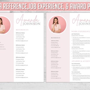 Pode incluir: Um modelo de curr&iacute;culo vitae rosa e branco com uma foto de uma mulher no canto superior esquerdo. O modelo inclui se&ccedil;&otilde;es para informa&ccedil;&otilde;es de contato, refer&ecirc;ncias, experi&ecirc;ncia profissional e pr&ecirc;mios e conquistas. O texto "Amanda Johnson" est&aacute; no topo da p&aacute;gina.