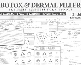 May include: A digital download bundle of 16 printable forms for Botox and Dermal Filler treatments. The forms include intake, consent, treatment record, and frequently asked questions. The forms are designed for use in a medical spa or clinic.