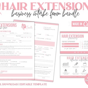 ヘアエクステンション受付フォーム、ヘアエクステンションアフターケアカード、ヘアエクステンション契約書、編集可能なヘアスタイリストテンプレート、クライアントフォームテンプレート