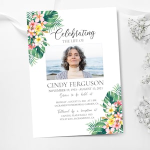 Invitación a celebración tropical de la vida, anuncio de funeral hawaiano, plantilla de tarjeta de funeral, invitación a servicio conmemorativo, invitación de plumeria