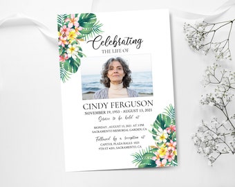 Tropical Celebration of life Invitation, Hawaiian Funeral Announcement, Funeral Card Template, Memorial Service Invite, Plumeria Invitation