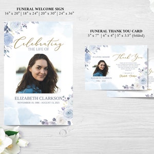 Pode incluir: Modelo de placa de boas-vindas e cart&atilde;o de agradecimento para funeral com fundo de aquarela azul e detalhes florais. A placa apresenta uma foto de uma mulher e o texto "Celebrando a vida de Elizabeth Clarkson, 19 de novembro de 1986 - 13 de agosto de 2021". O cart&atilde;o de agradecimento apresenta uma foto da mulher e o texto "Em mem&oacute;ria carinhosa, Elizabeth Clarkson, 1986 - 2021, Obrigado".