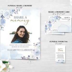 Pode incluir: Um cart&atilde;o de condol&ecirc;ncias floral azul e branco com uma foto de uma mulher. O cart&atilde;o tem o texto "Compartilhar uma mem&oacute;ria" e "Por favor, pegue um cart&atilde;o e compartilhe uma mem&oacute;ria de nossa querida Elizabeth Clarkson". H&aacute; tamb&eacute;m um cart&atilde;o menor com o texto "Compartilhar uma mem&oacute;ria" e um espa&ccedil;o para escrever uma mensagem. Tamb&eacute;m est&aacute; inclu&iacute;do um cart&atilde;o com o texto "Em mem&oacute;ria carinhosa Elizabeth Clarkson".