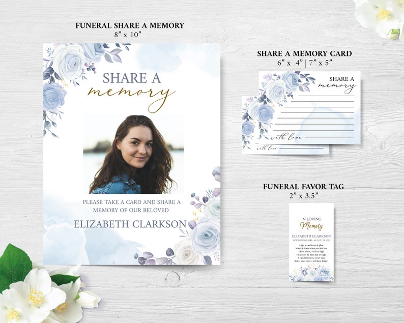 Pode incluir: Um cart&atilde;o de condol&ecirc;ncias floral azul e branco com uma foto de uma mulher. O cart&atilde;o tem o texto "Compartilhar uma mem&oacute;ria" e "Por favor, pegue um cart&atilde;o e compartilhe uma mem&oacute;ria de nossa querida Elizabeth Clarkson". H&aacute; tamb&eacute;m um cart&atilde;o menor com o texto "Compartilhar uma mem&oacute;ria" e um espa&ccedil;o para escrever uma mensagem. Tamb&eacute;m est&aacute; inclu&iacute;do um cart&atilde;o com o texto "Em mem&oacute;ria carinhosa Elizabeth Clarkson".