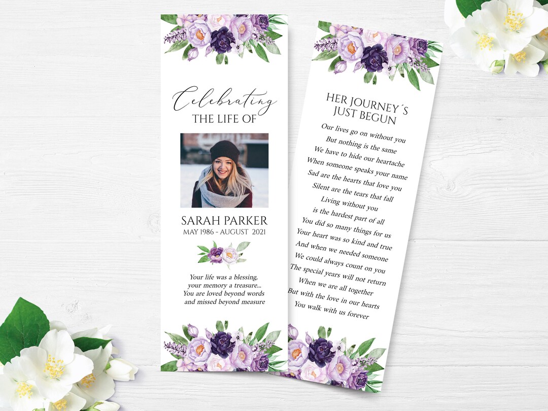 Purple Rose Funeral Bookmark Template, Celebration of Life Bookmark, Funeral Keepsake Cards