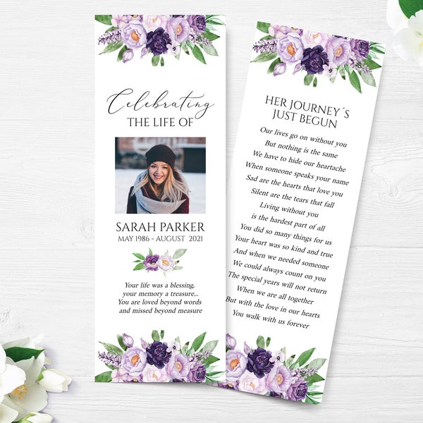 Purple Rose Funeral Bookmark Template, Celebration of Life Bookmark, Funeral Keepsake Cards, Floral Memorial Bookmark, Obituary Bookmark