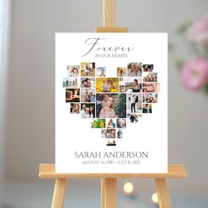 Heart Funeral Welcome Sign, Celebration of Life, Editable Heart Funeral Photo Collage Poster, Heart Memorial Sign, Forever in our Hearts