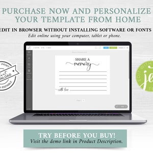 May include: A laptop computer screen displaying a printable template for a "Share a Memory" card. The template is designed to be edited online and features a simple design with lines for writing. The text "Share a Memory" is written in a cursive font. The image also includes a green circle with the text "Edit with Jet Template".