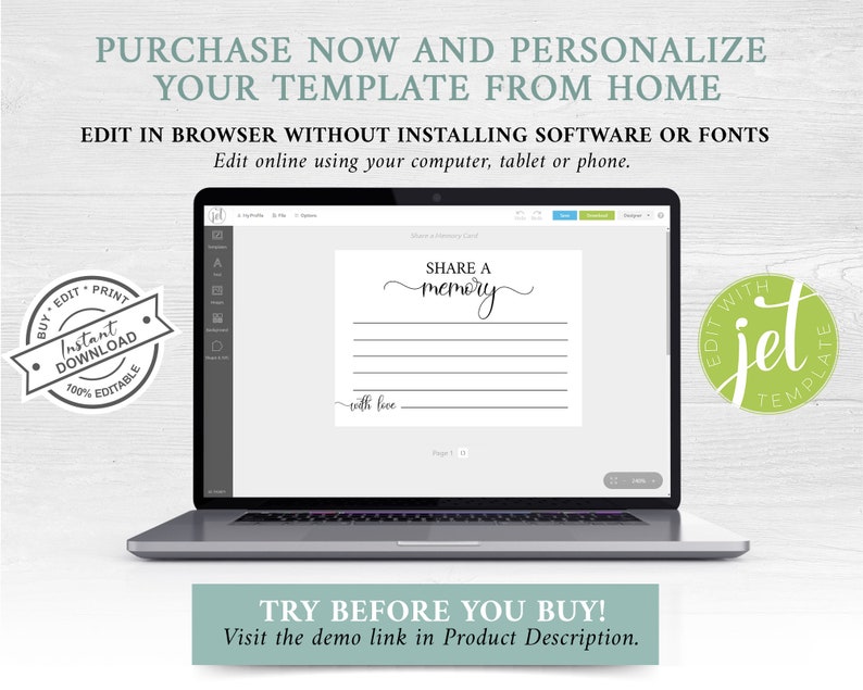 May include: A laptop computer screen displaying a printable template for a "Share a Memory" card. The template is designed to be edited online and features a simple design with lines for writing. The text "Share a Memory" is written in a cursive font. The image also includes a green circle with the text "Edit with Jet Template".