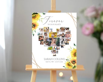 Heart Funeral Welcome Sign, Celebration of Life, Editable Heart Funeral Photo Collage Poster,Sunflower Heart Sign, Forever in our Hearts