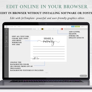 May include: Screenshot of a laptop screen showing a web-based graphic design editor. The editor is displaying a template for a memory book with the text "Share a memory" and "with love". The editor has tools for editing text, adding glyphs, and changing the background color.