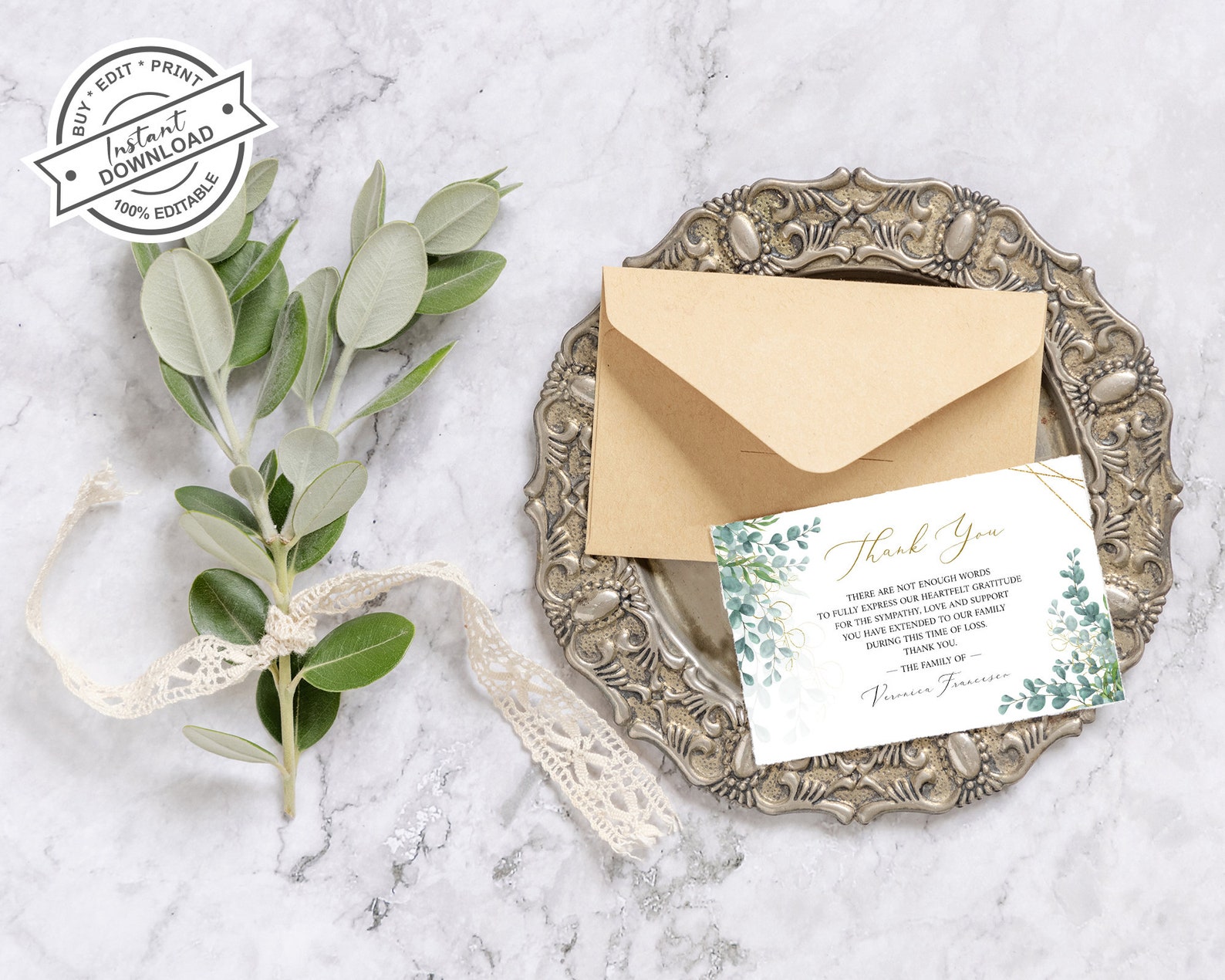 Greenery Gold Eucalyptus Funeral Thank You Card,celebration of Life ...