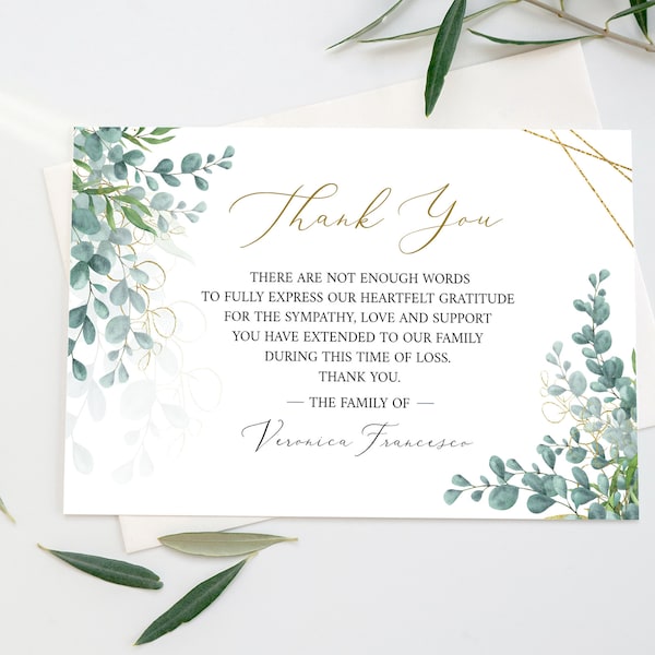 Tarjeta de agradecimiento funeraria con eucalipto dorado, celebración de la vida, tarjeta conmemorativa, plantilla de tarjeta de agradecimiento imprimible, tarjeta de condolencia editable.