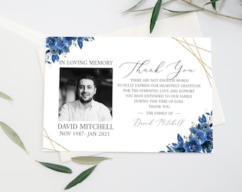 Blue Gold Floral Funeral Thank You Card, Celebration of Life, Roses Memorial Card, Printable Thank You Card Template, Editable Sympathy Card