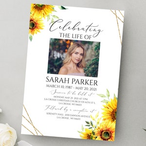 Invitación a la celebración de la vida, invitación floral para funeral, anuncio de funeral, tarjeta de funeral con girasol, invitación a servicio conmemorativo con girasol