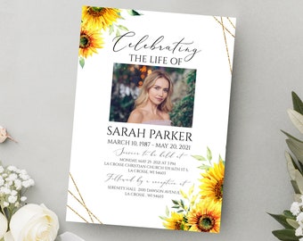 Celebration of life Invitation, Floral Funeral Invitation , Funeral Announcement, Sunflower Funeral Card, Sunflower Memorial Service Invite