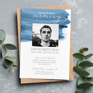 Célébration de la vie, modèle d'invitation aux funérailles nécrologie bleu, faire-part pour les funérailles pour homme, service commémoratif aquarelle imprimable