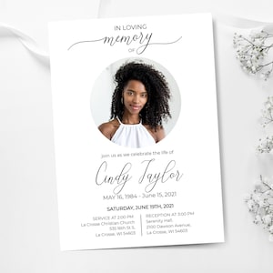 Invitación a funeral de celebración de la vida, anuncio de funeral simple, plantilla de tarjeta de funeral, invitación de servicio conmemorativo imprimible para mujeres,