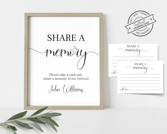 Editable Share a Memory Funeral Sign and Card Template – Simple Black Text Minimal Memorial Card, Printable Funeral JetTemplate Design