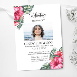 Tropical Celebration of life Invitation, Hawaiian Funeral Announcement, Funeral Card Template, Memorial Service Invite, Hibiscus  Invitation