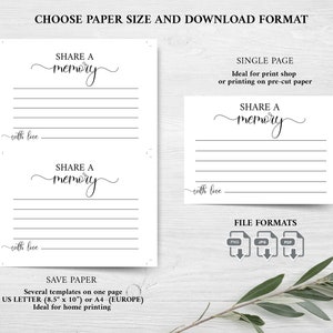 May include: Printable "Share a Memory" cards with lined spaces for writing. The cards are designed for a single page print and include instructions for choosing paper size and download formats. The file formats available are PNG, JPG, and PDF.
