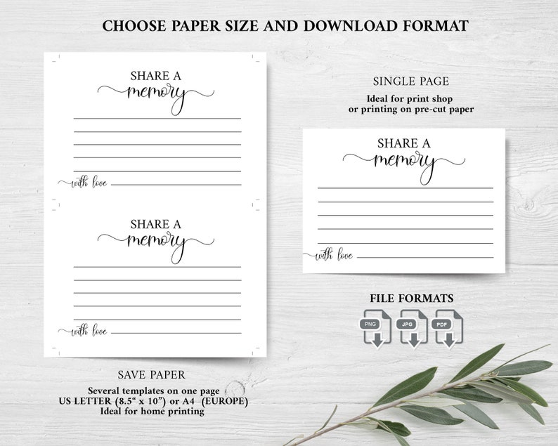May include: Printable "Share a Memory" cards with lined spaces for writing. The cards are designed for a single page print and include instructions for choosing paper size and download formats. The file formats available are PNG, JPG, and PDF.